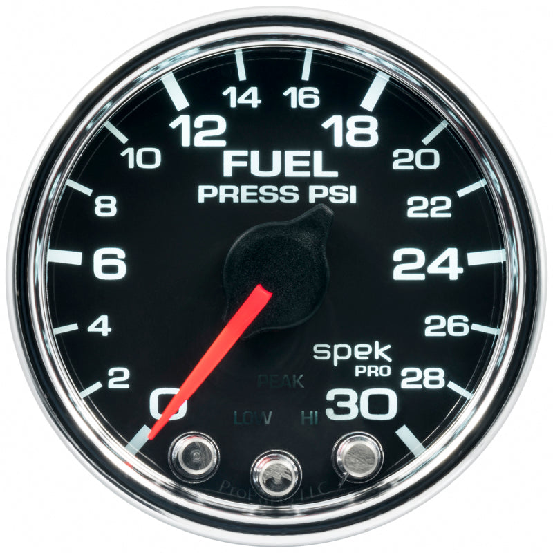 Autometer Spek-Pro Gauge Fuel Press 2 1/16in 30psi Stepper Motor W/Peak & Warn Blk/Chrm Gauges AutoMeter