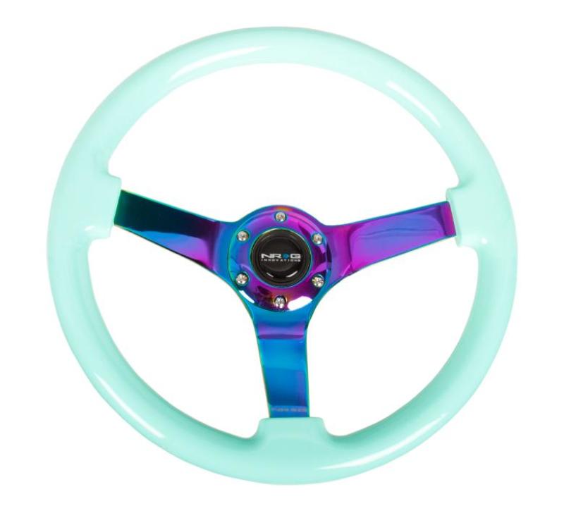 NRG Reinforc Steering Wheel (350mm / 3in. Deep) Minty Fresh Wood Grain w/Neochrome 3-Spoke Center Steering Wheels NRG