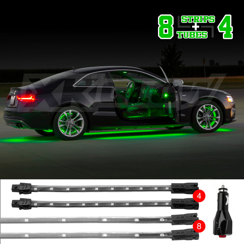 XK Glow Strip Single Color Underglow LED Accent Light Car/Truck Kit Green - 8x24In Tube + 4x8In Light Accessories and Wiring XKGLOW