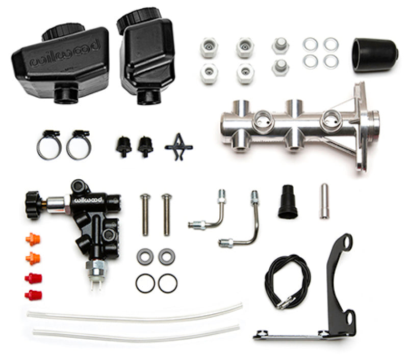 Wilwood Remote Tandem M/C Kit w/Bracket and Valve - 1.12in Bore Burnished Brake Master Cylinder Wilwood