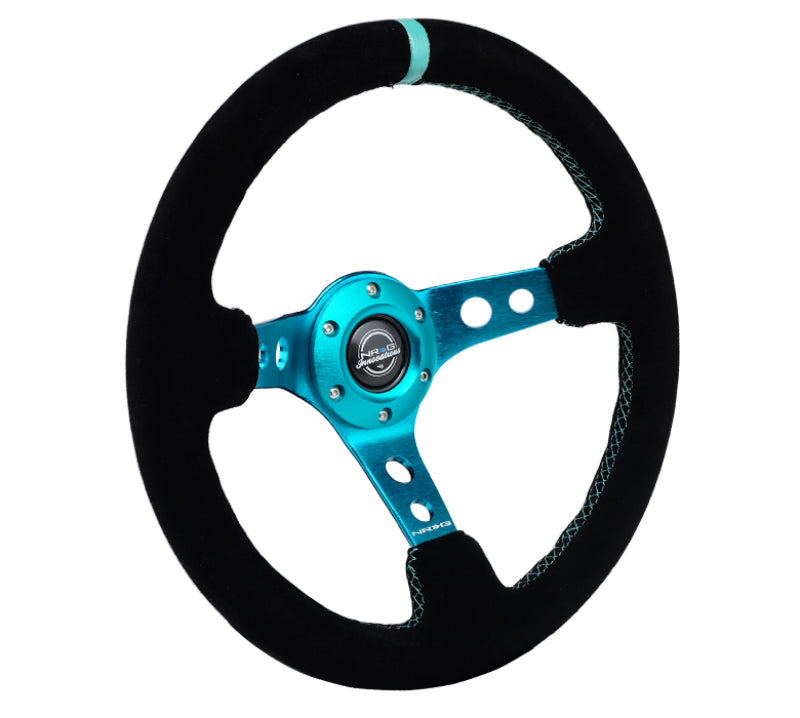 NRG Reinforced Steering Wheel (350mm/ 3in. Deep) Black Suede/ Teal Center Mark/ Teal Stitching Steering Wheels NRG