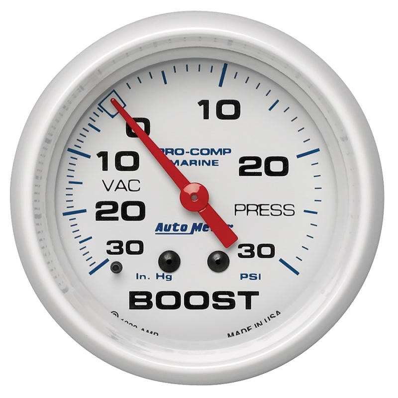Autometer Marine White Gauge 2-5/8in Mechanical Vacuum/Boost Gauge 30INHG-30PSI Gauges AutoMeter