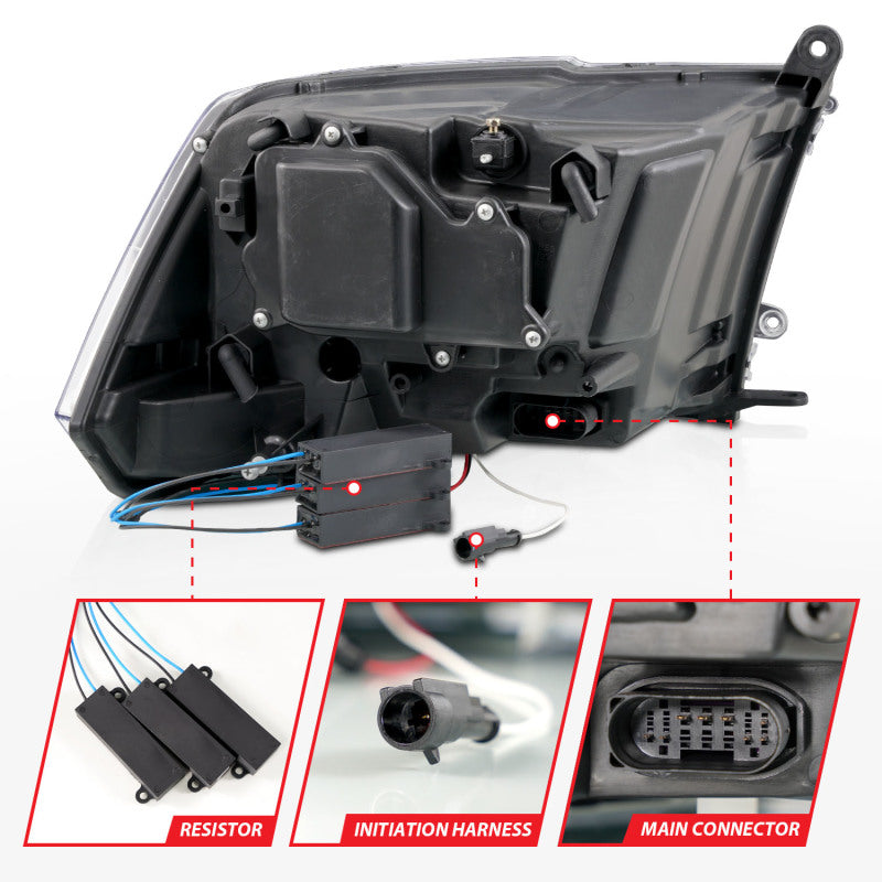 ANZO 09-18 Dodge Ram 1500/2500/3500 Full LED Proj Headlights w/Switchback Light Bar - Black Headlights ANZO