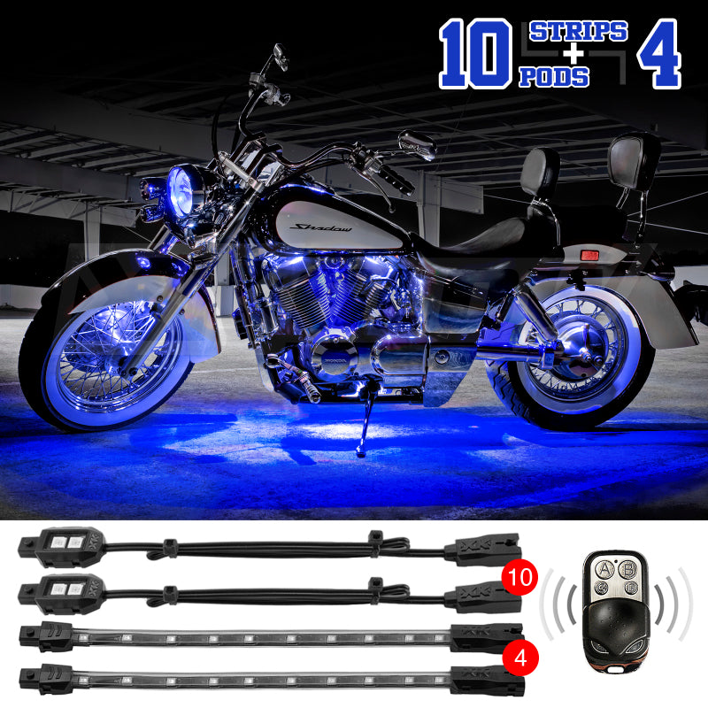 XK Glow Strips Single Color XKGLOW LED Accent Light Motorcycle Kit Blue - 10xPod + 4x8In Light Accessories and Wiring XKGLOW