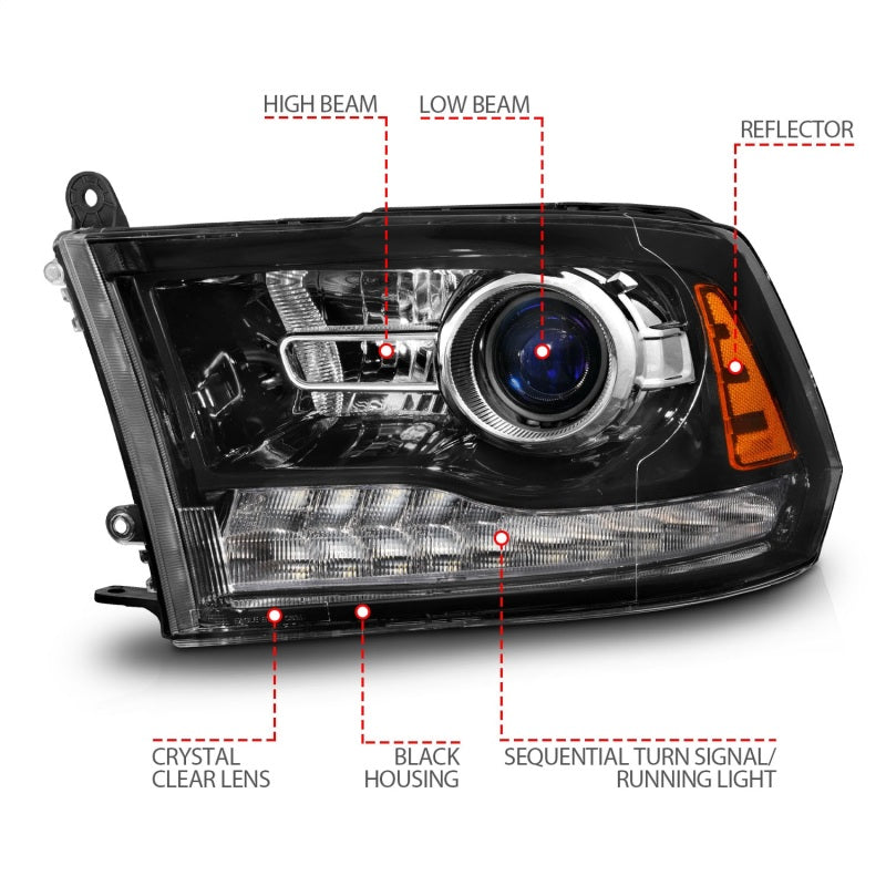 ANZO 09-18 Dodge 1500-3500 LED Plank Style Headlights w/Switchback+Sequential Hyper Black (OE Style) Headlights ANZO