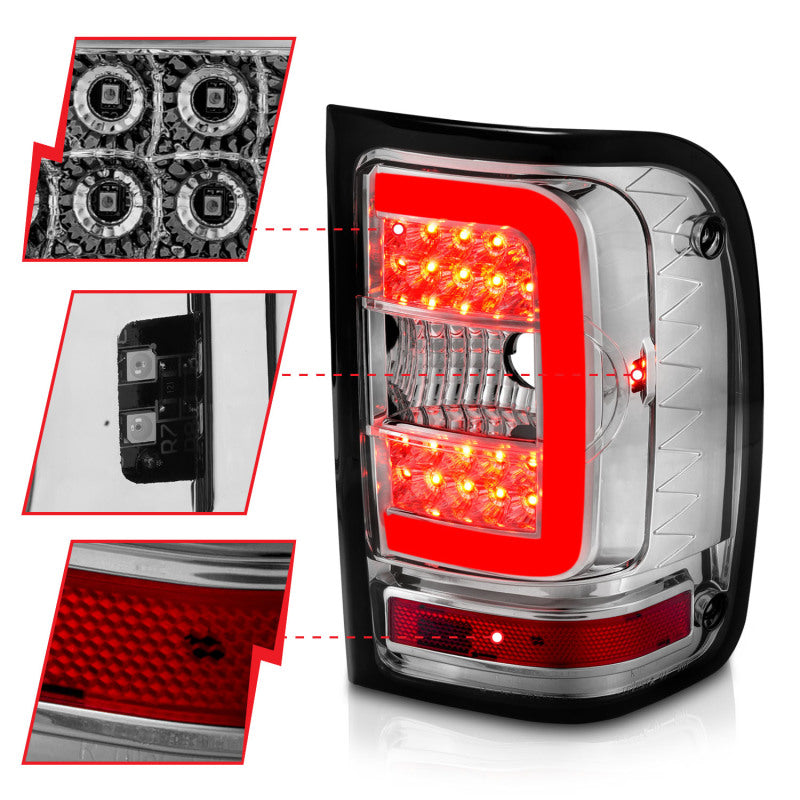 ANZO 2001-2011 Ford Ranger LED Tail Lights w/ Light Bar Chrome Housing Clear Lens Tail Lights ANZO