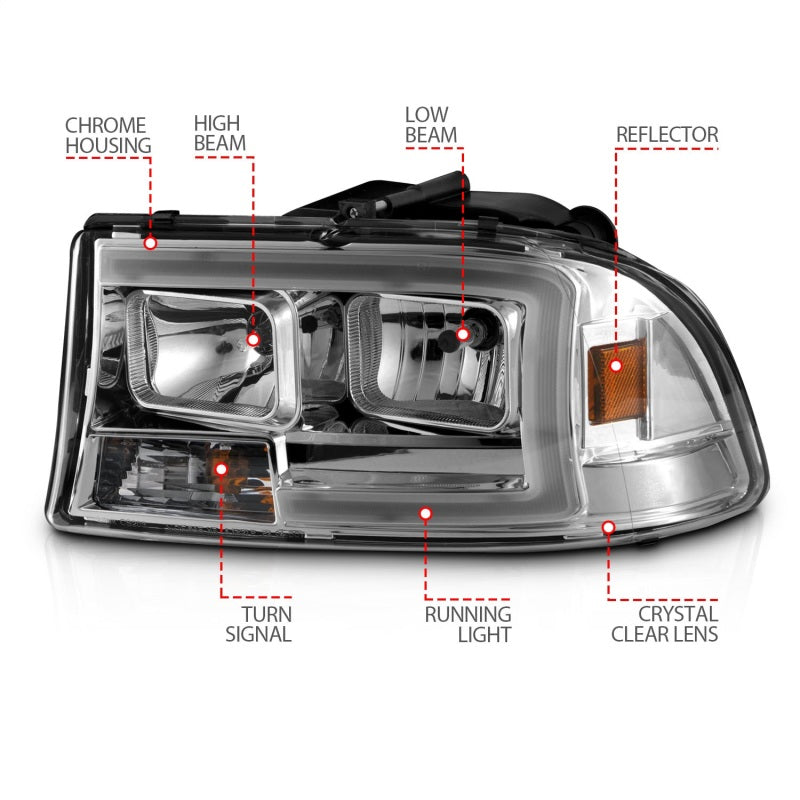 ANZO 97-04 Dodge Dakota/Durango Crystal headlight Set w/ Light Bar Chrome Housing Headlights ANZO