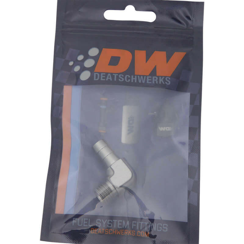 DeatschWerks Metric M12 to 3/8in Hose Barb 90-Degree Fitting w/ Venturi Port - Anodized DW Titanium Fittings DeatschWerks