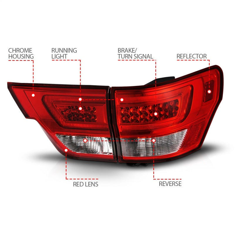 ANZO 11-13 Jeep Grand Cherokee LED Taillights w/ Lightbar Chrome Housing Red/Clear Lens 4pcs Tail Lights ANZO