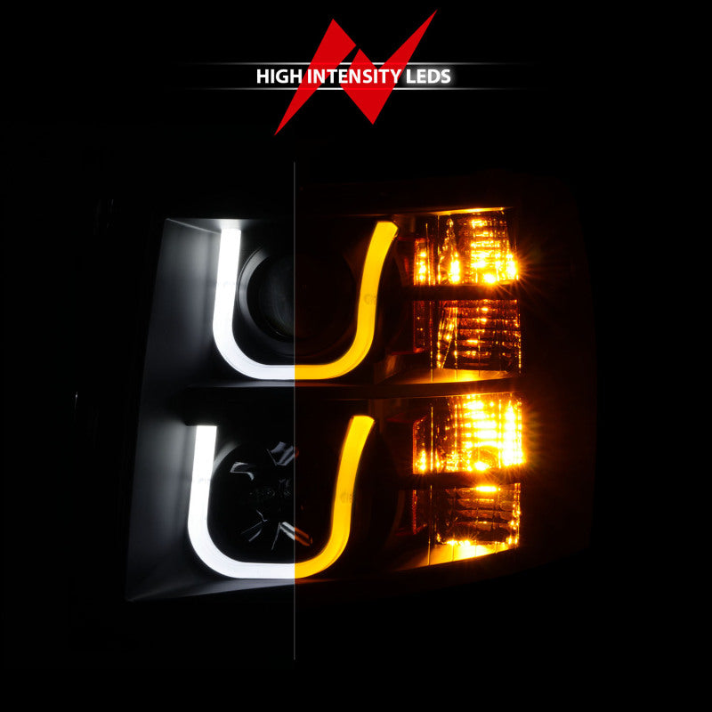 ANZO 2007-2013 Chevrolet Silverado 1500/2500 Projector Headlights w/ U-Bar Switchback Black w/ Amber Headlights ANZO
