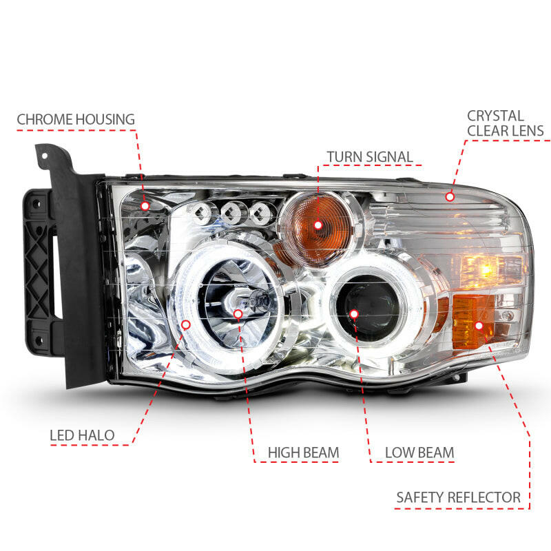 ANZO 2002-2005 Dodge Ram 1500 Projector Headlights w/ Halo Chrome Clear Amber Headlights ANZO