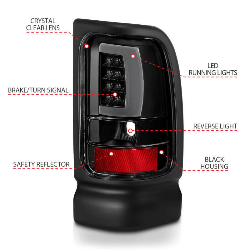 ANZO 1994-2001 Dodge Ram 1500 LED Taillights Plank Style Black w/Clear Lens Tail Lights ANZO
