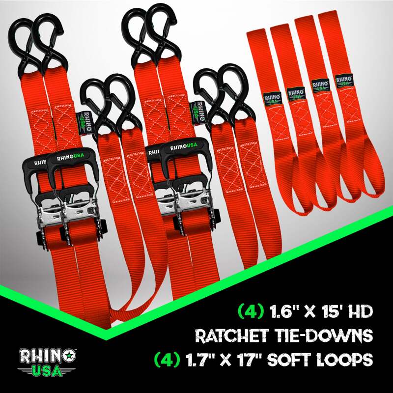 Rhino USA Heavy Duty Ratchet Tie-Down 4-Pack Red 1.6In X 15Ft Cargo Tie-Downs Rhino USA