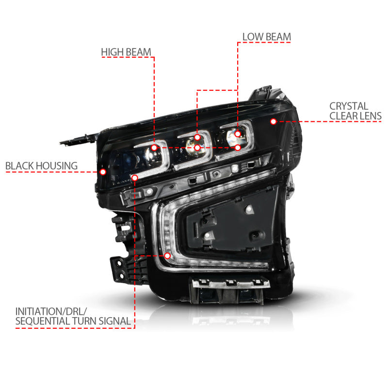 ANZO 21-23 Chevy Tahoe/Suburban LED Light Bar Style Headlights Black w/ Sequential DRL (Left Side) Headlights ANZO