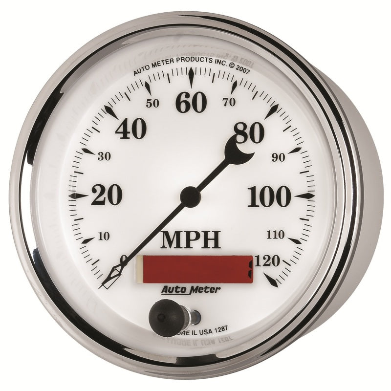 AutoMeter Gauge Speedometer 3-3/8in. 120MPH Elec. Prog. W/ Lcd Odo Old Tyme Wht II Gauges AutoMeter