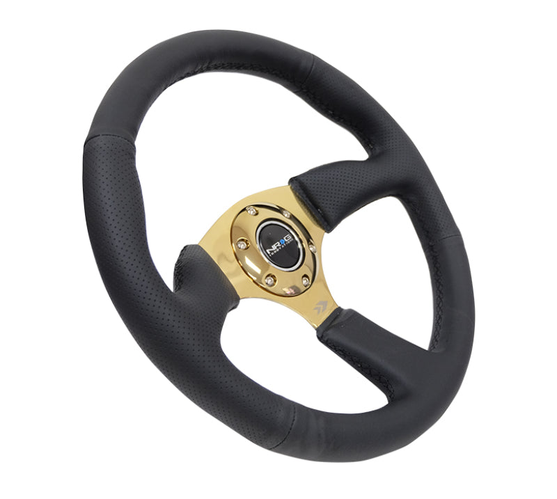 NRG Reinforced Steering Wheel (350mm / 2.5in. Deep) Leather Race Comfort Grip w/4mm Gold Spokes Steering Wheels NRG
