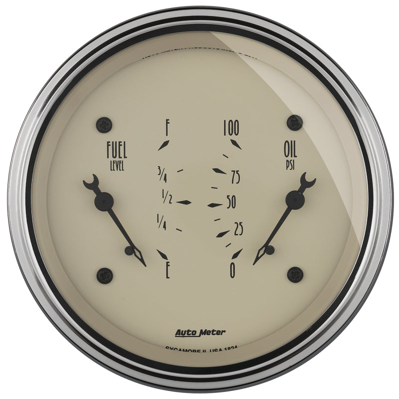 AutoMeter Gauge Dual Fuel & Oilp 3-3/8in. 0 Ohm(e) to 90 Ohm(f)& 100PSI Elec Antq Beige Gauges AutoMeter