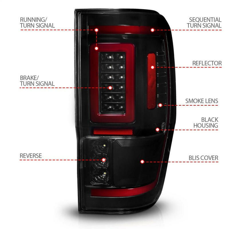 ANZO 19-22 Ford Ranger Full LED Taillights w/ Lightbar Sequential Signal Black Housing/Smoke Lens Tail Lights ANZO