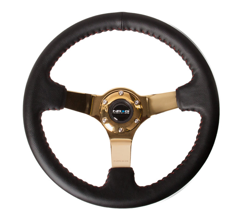NRG Reinforced Steering Wheel (350mm / 3in. Deep) Blk Leather/Red BBall Stitch w/4mm Gold Spokes Steering Wheels NRG