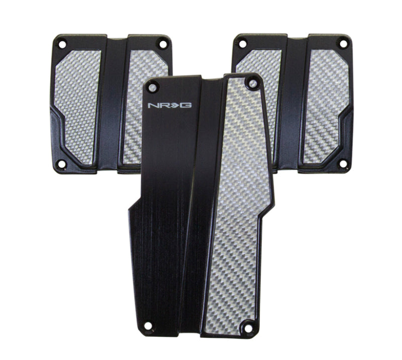 NRG Brushed Aluminum Sport Pedal M/T - Black w/Silver Carbon Pedal Covers NRG