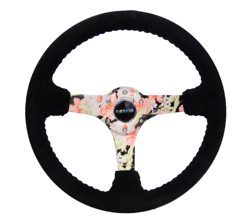 NRG Reinforced Steering Wheel (350mm / 3in. Deep) Blk Suede Floral Dipped w/ Blk Baseball Stitch Steering Wheels NRG