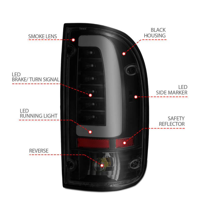 ANZO 1995-2000 Toyota Tacoma LED Taillights Black Housing Smoke Lens (Pair) Tail Lights ANZO