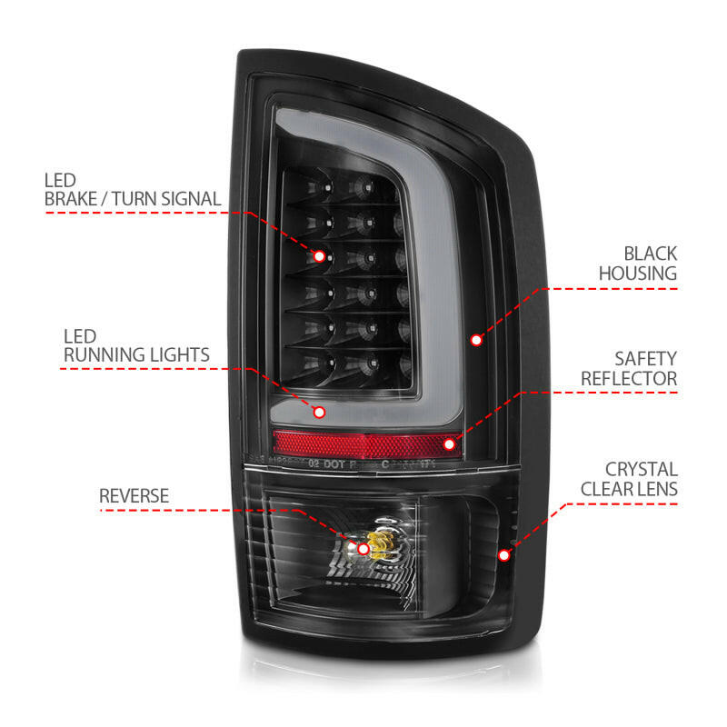 ANZO 2002-2006 Dodge Ram 1500 LED Tail Lights w/ Light Bar Black Housing Clear Lens Tail Lights ANZO
