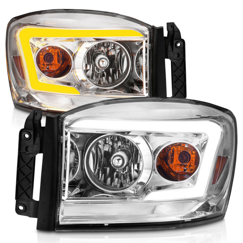 ANZO 06-09 Dodge RAM 1500/2500/3500 Headlights Chrome Housing/Clear Lens (w/Switchback Light Bars) Headlights ANZO