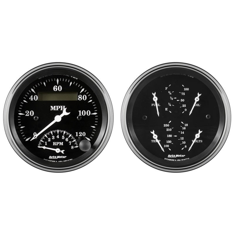 Auto Meter Gauge Kit 2 pc. Quad & Tach/Speedo 3 3/8in Old Tyme Black Gauge Pods AutoMeter