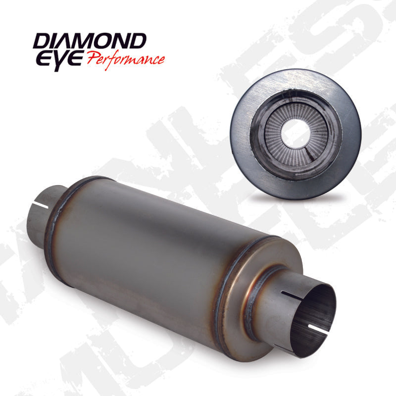 Diamond Eye MFLR 4inID SGL IN/SGL OUT 7inDIA X 14in BODY 20in LENGTH PERF SLOTTED ENDS 409 SS Muffler Diamond Eye Performance