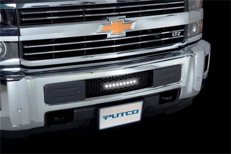 Putco 15-19 Chevy Silv HD SS Black Punch Design Bumper Grille Insert w/ Curved Flush 10in Light Bar Grilles Putco