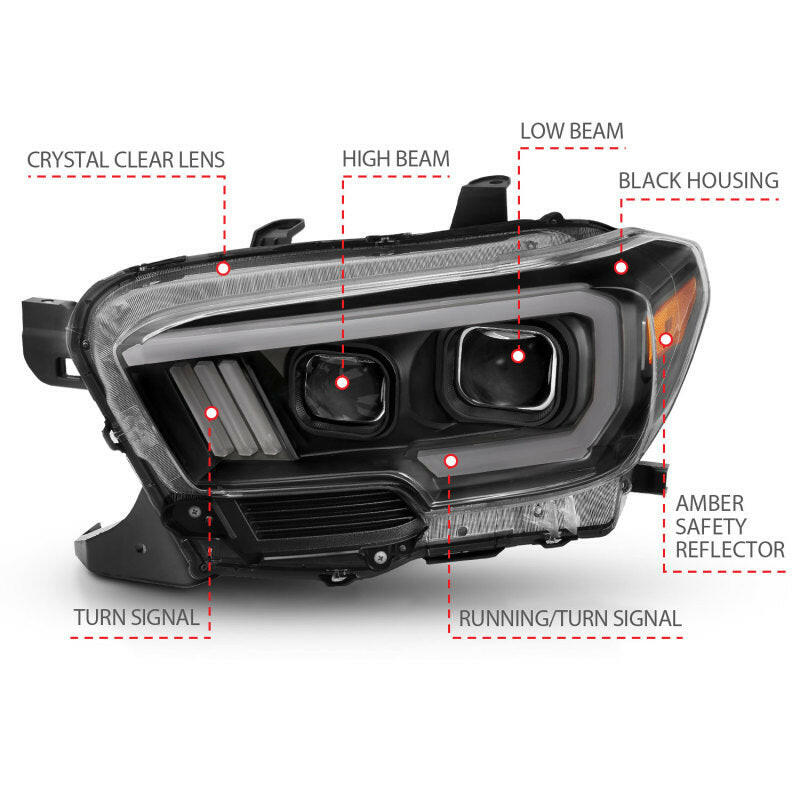ANZO 2016-2017 Toyota Tacoma Projector Headlights w/ Plank Style Switchback Black w/ Amber w/ DRL Headlights ANZO