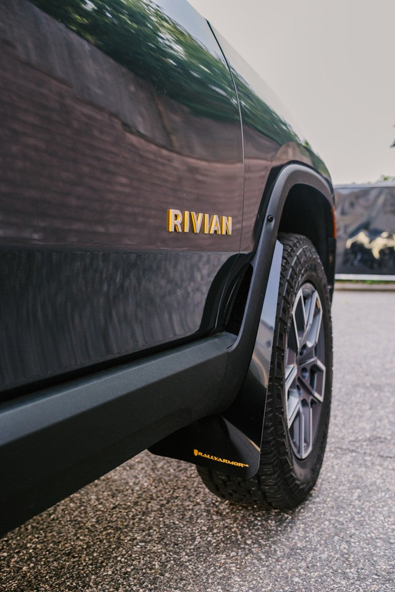 Rally Armor 22-25 Rivian R1T Black UR Mud Flap w/Tangerine Scream Logo Mud Flaps Rally Armor