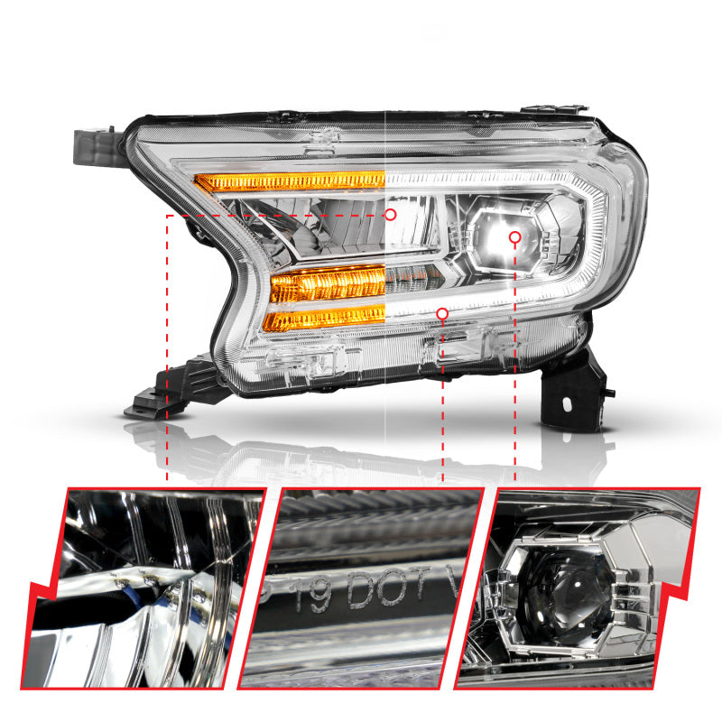ANZO 19-23 Ford Ranger (Factory Halogen Models) Full LED Proj Headlights DRL/SeqSig Chrome - Pair Headlights ANZO