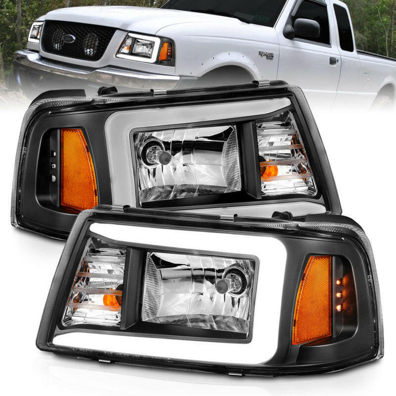 ANZO 2001-2011 Ford Ranger Crystal Headlights w/ Light Bar Black Housing Headlights ANZO