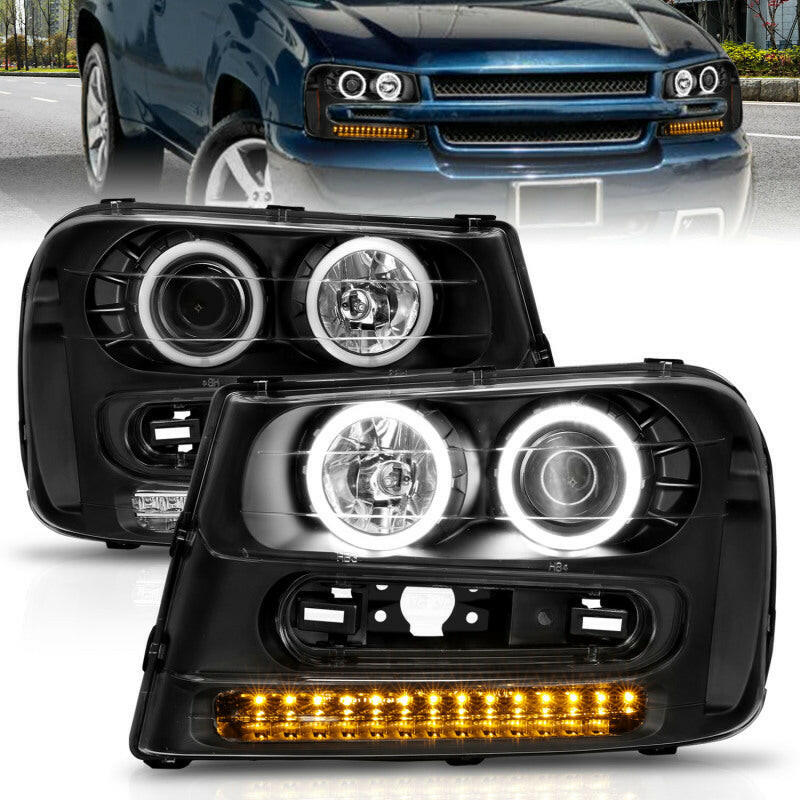 ANZO 2002-2009 Chevrolet Trailblazer Projector Headlights w/ Halo Black Headlights ANZO
