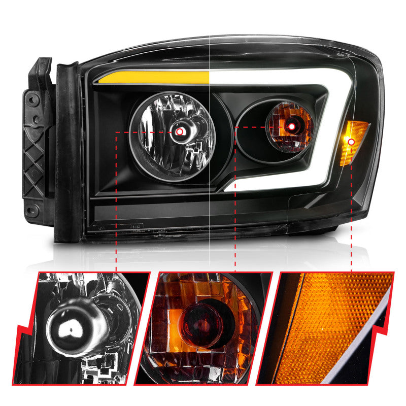 ANZO 06-09 Dodge RAM 1500/2500/3500 Headlights Black Housing/Clear Lens (w/Switchback Light Bars) Headlights ANZO