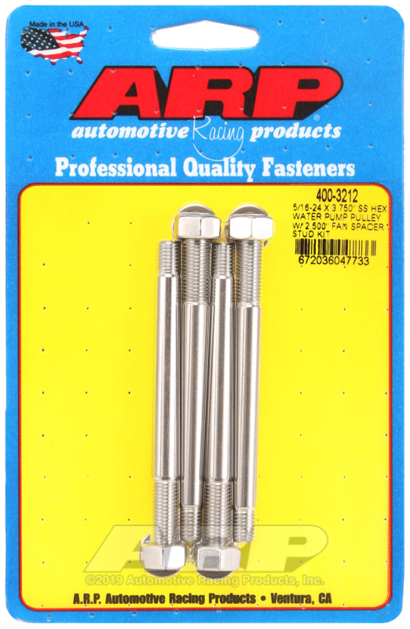 ARP 5/16-24 X 3.750 SS Hex Water Pump Pulley w/ 2.500in Fan Spacer Stud Kit Hardware - Singles ARP