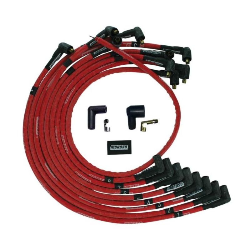 Moroso SBC Over Valve Cover 90Deg Plug Non-HEI Sleeved Ultra Spark Plug Wire Set - Red Spark Plug Wire Sets Moroso