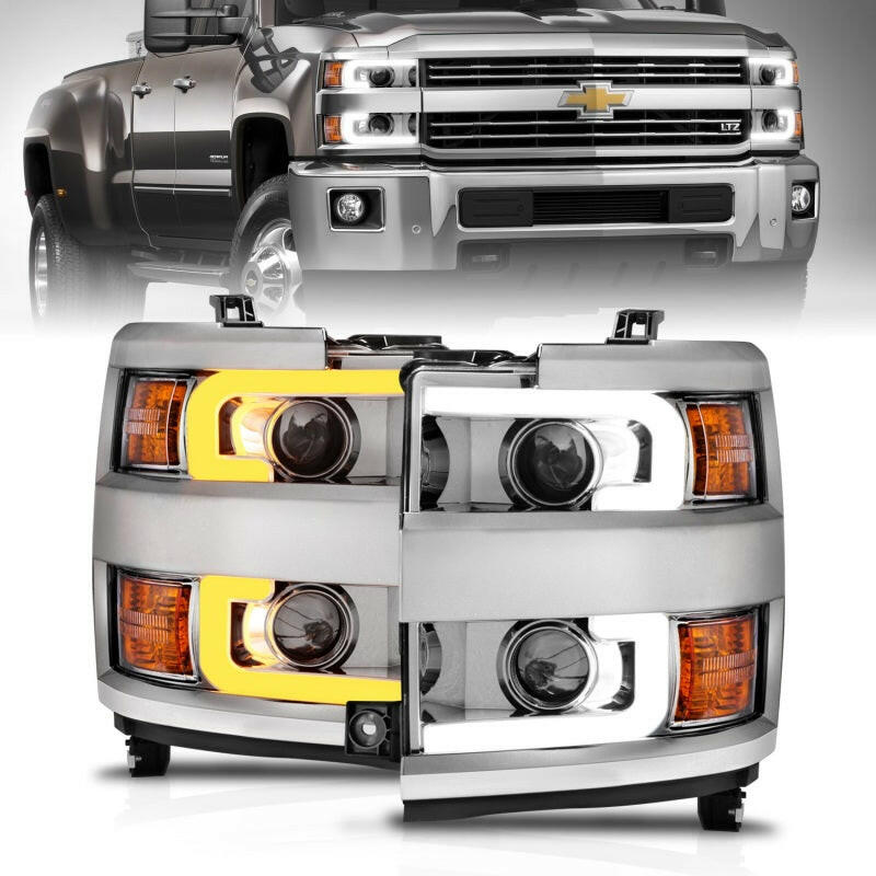 ANZO Projector Headlights 15-17 Chevrolet Silverado 2500HD / 3500HD Chrome w/ Chrome Rim Headlights ANZO
