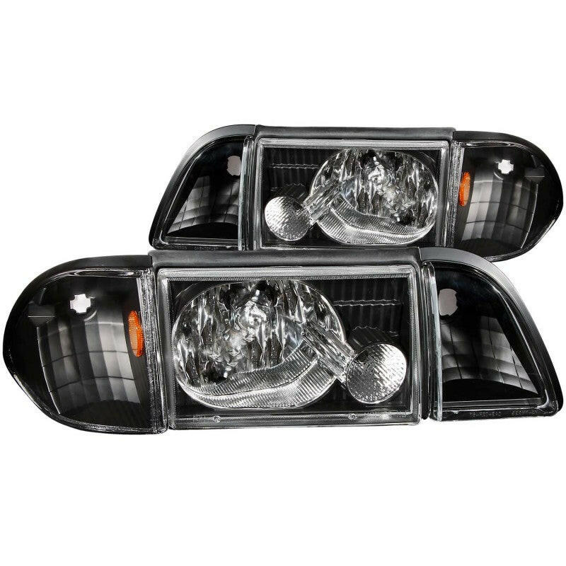 ANZO 1987-1993 Ford Mustang Crystal Headlights Black w/ Corner Lights 3pc Headlights ANZO