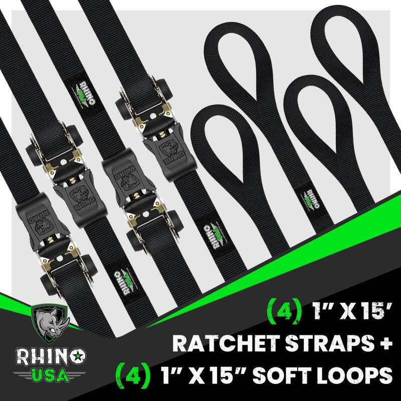 Rhino USA Medium Duty Ratchet Strap Tie-Down 4-Pack (Black) Cargo Tie-Downs Rhino USA