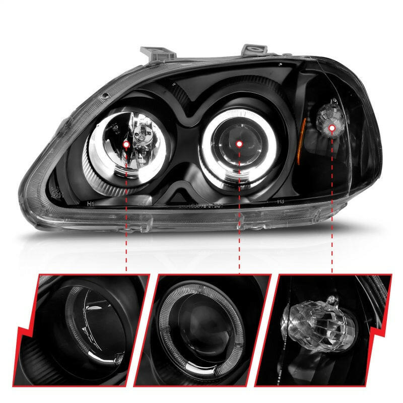ANZO 1996-1998 Honda Civic Projector Headlights w/ Halo Black Headlights ANZO