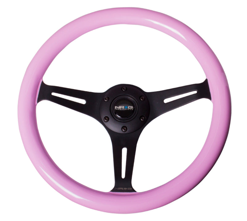 NRG Classic Wood Grain Steering Wheel (350mm) Solid Pink Painted Grip w/Black 3-Spoke Center Steering Wheels NRG