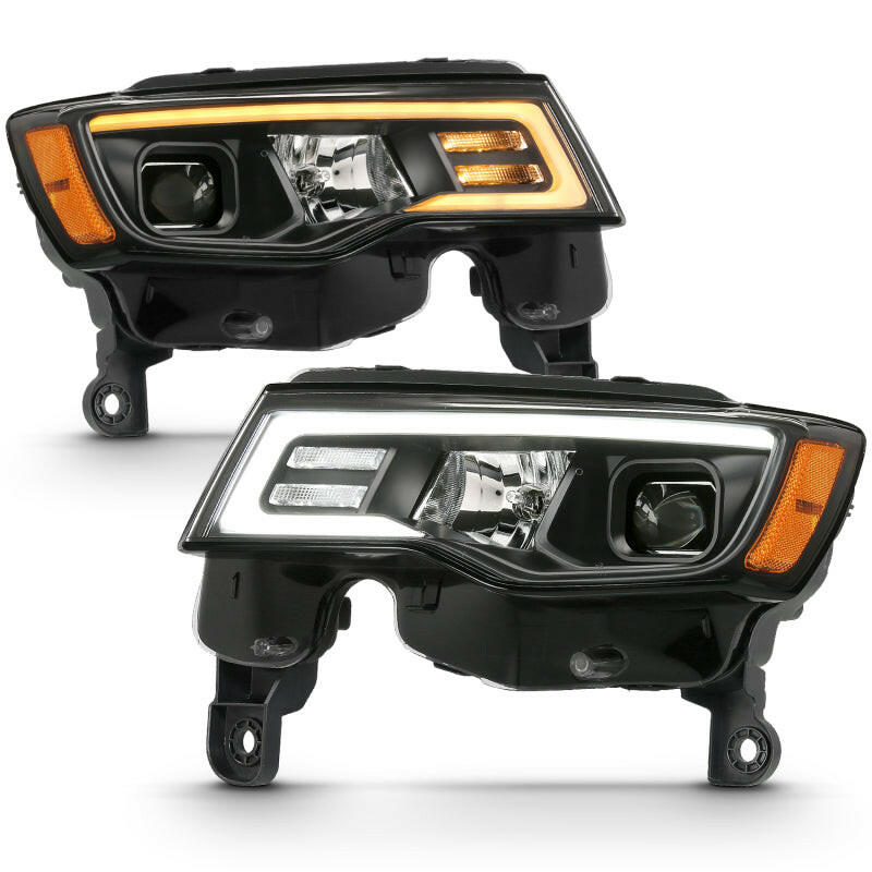 ANZO 2017-2018 Jeep Grand Cherokee Projector Headlights w/ Plank Style Switchback - Black w/ Amber Headlights ANZO