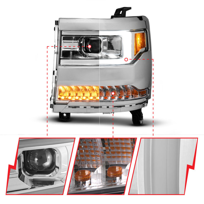 ANZO 16-18 Chevy Silverado1500 (Factory HID Models) LED Prj Light Bar Style Headlights Chrome - Pair Headlights ANZO