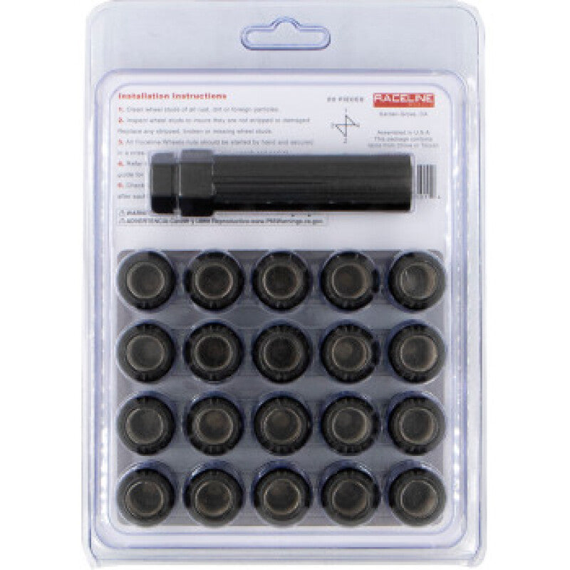 Raceline Spline Lug Nut Kit with Spline Key 12 x 1.5 - 20 Pack - Black Wheel Accessories Raceline