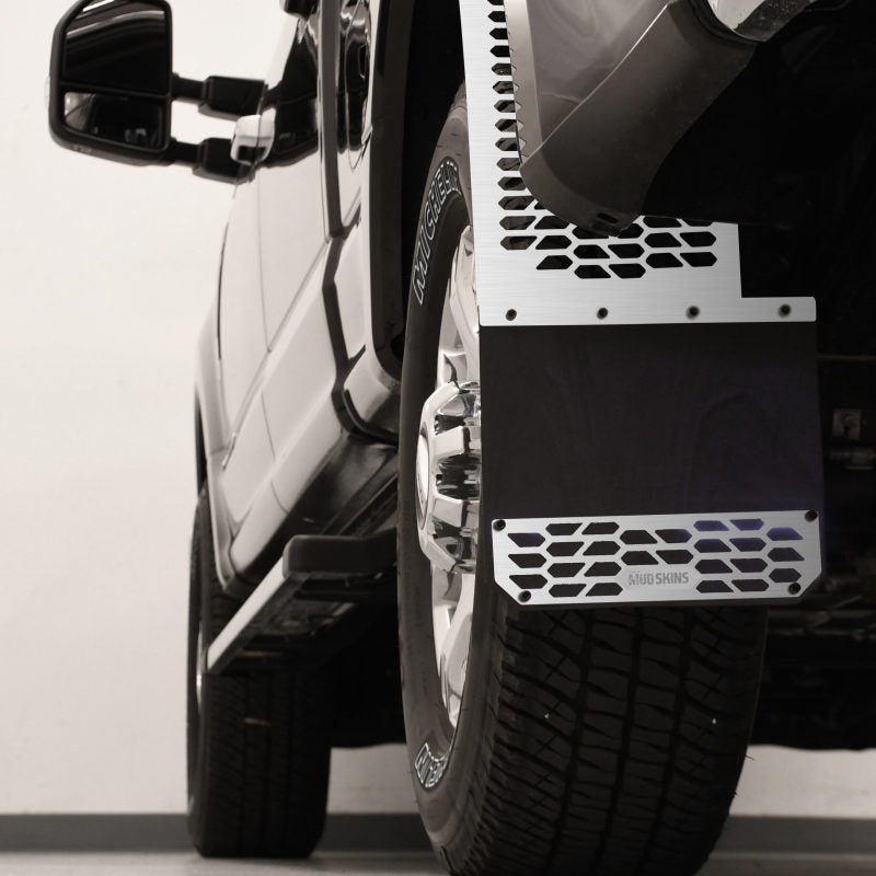 Putco 17-20 Ford SuperDuty - Set of 2 (Excl Dually Rear) Mud Skins - Brushed SS w/ Hex Shield Mud Flaps Putco