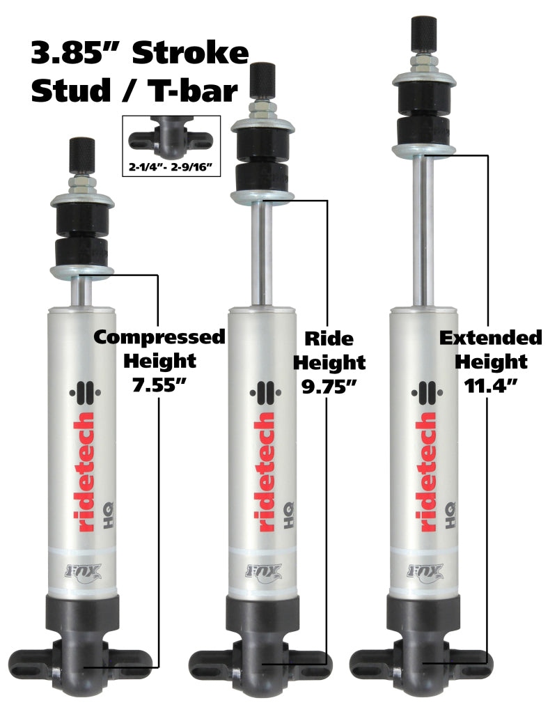 Ridetech HQ Series Shock Absorber Fixed Valve 3.85 Stroke Narrow T-bar/Stud Mounting 7.55in x 11.4in Shocks and Struts Ridetech