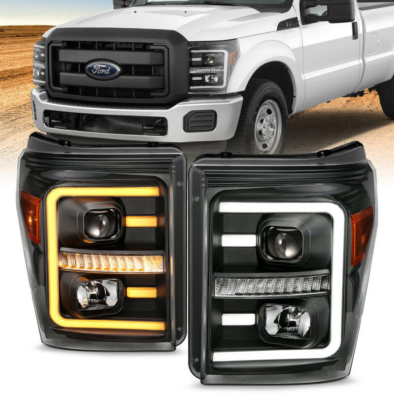 ANZO 2011-2016 Ford F250 Projector Headlights w/ Plank Style Switchback Black w/ Amber Headlights ANZO
